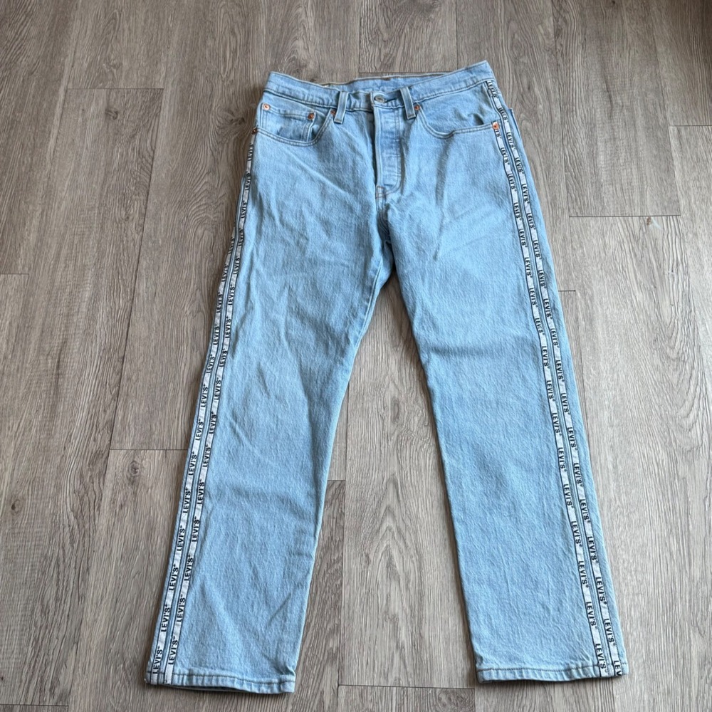 Levis Premium 501 Original Light Wash Jeans Logo Side Stripe  Button Fly crop